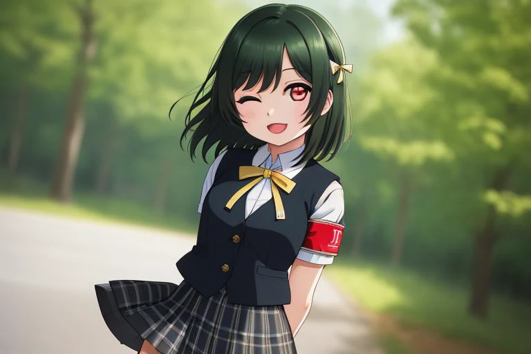 (masterpiece, best quality, ultra-detailed), (illustration), (beautiful detailed eyes), (1girl), (solo), mifune shioriko, 
red eyes,
short hair, dark green hair, ribbon, 
 <lora:ShiorikoLL_v1.1:0.7>,
nijigasaki academy school uniform,
school uniform, white shirt, short sleeves, vest, plaid, dress shirt, yellow neck ribbon, buttons,
(armband:1.3), 
 plaid skirt, pleated skirt, 
 cowboy shot, arms behind back, smile, ;d, one eye closed, outdoors, greenary, depth of field,