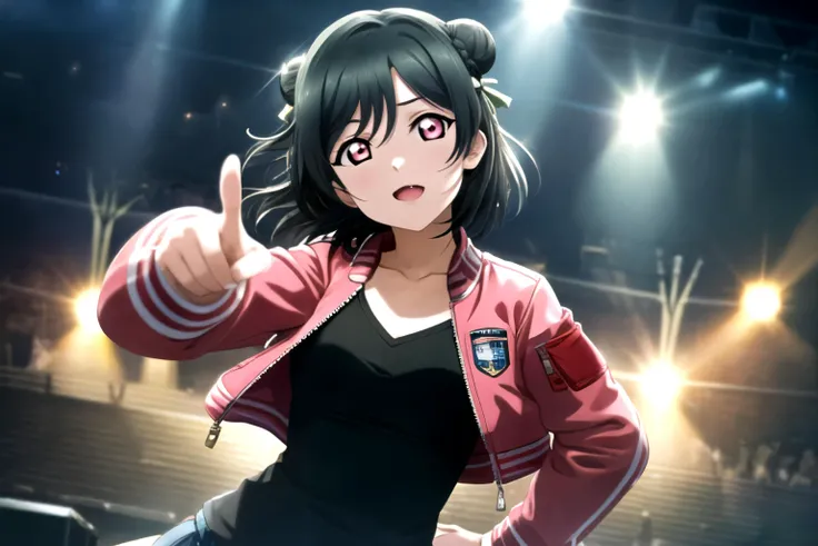 <lora:ShiorikoLL_v1.1:0.8>,mifune shioriko,dark green hair,short hair,red eyes,pink,beautiful detailed eyes,1girl,double bun,twin braids,ribbon,(pink letterman_jacket:1.2),black shirt,pointing at viewer,masterpiece,best quality,ultra-detailed,official art,illustration,wallpaper,moody lighting,strong rim light,outdoors,pink lights,concert,stage,motion_blur,fang_out,