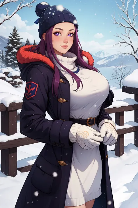 (masterpiece, best quality, absurdres, 4k, aesthetic, detailed, intricate),outside,snowing,cowboy shot,1girl,epfeivy,knit beanie,winter coat,large breasts,fur trim,slight smile,mittens, <lora:EPfeIvy:0.8>