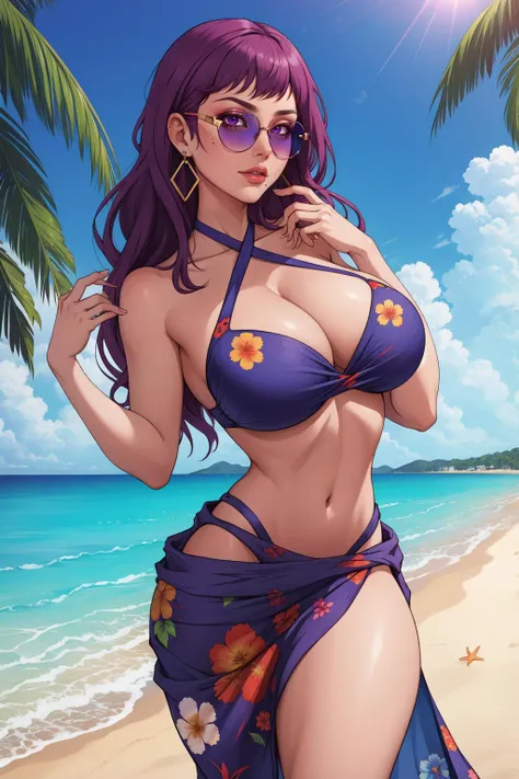 Best quality, solo mature woman, giant breasts, giant ass, very curvy, tanned skin, middle parted hair with curled ends, sea pink eyes, full lips, seductive, sea pink sunglasses, rhinestone beaded singlet, pleated denim skirt, flower earrings, flower necklace, thick thighs, curvy physique