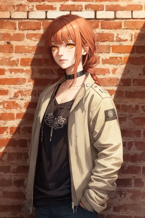 best quality, intricate details, corneo_makima
1girl, short hair, messy hair, sharp eyes,
choker, neon shirt, torn legwear, open jacket,
against wall, brick wall, graffiti, dim lighting, alley