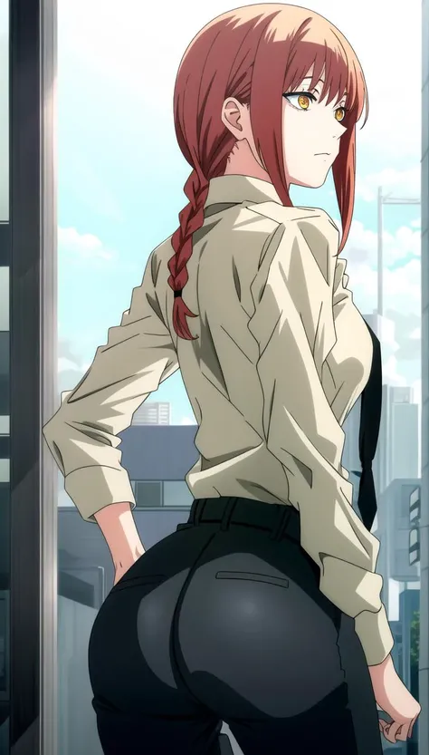 <lora:makimaChainsawMan_offset:1>, makima \(chainsaw man\), 1 girl, ringed_eyes, white shirt, black pant, small breast, wide hip, braided hair, necktie, red hair, golden eyes, corneo_makima, from behind, ass focus, huge ass