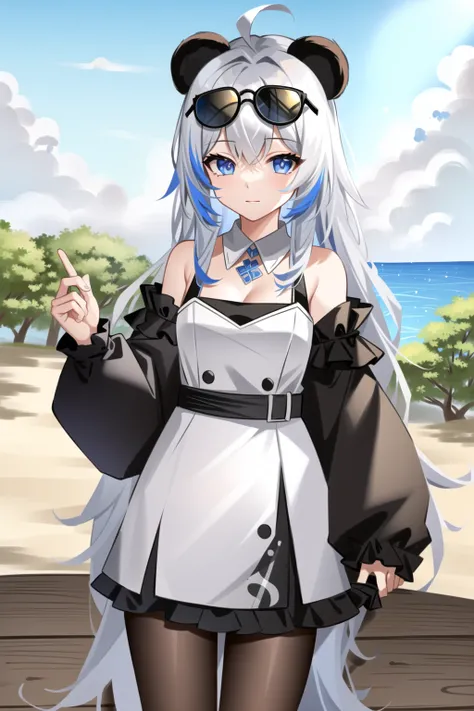 solo, (((masterpiece, best quality))) , <lora:Dousha1:0.9>, shadow_lee, Li Dousha, panda_ears, bangs, bare_shoulders, blue_eyes, eyewear_on_head, hair_between_eyes, long_hair, sunglasses, very_long_hair, 1girl,