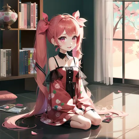 CoCoPPa, (masterpiece:1.2), (far shot:1.4), straight-on, high-tech, (wide angle lens:1.2), sitting in a room, otaku_room collectibles, clutter, _poster, BREAK
chibi version of anime girl, cb_version, 1girl, (pink_eyes), (^ ^:1.2), brat, (detailed eyes:1.2), pink_dress, spaghetti_strap, fang, (pink_hair), bangs, long_hair, twintails, pink_ribbon, black_bow, pink_collar, hair_ornament, looking_at_viewer, collarbone, jewelry, <lora:cocoppaPlayStarGirl_cocoppaV10:0.7>