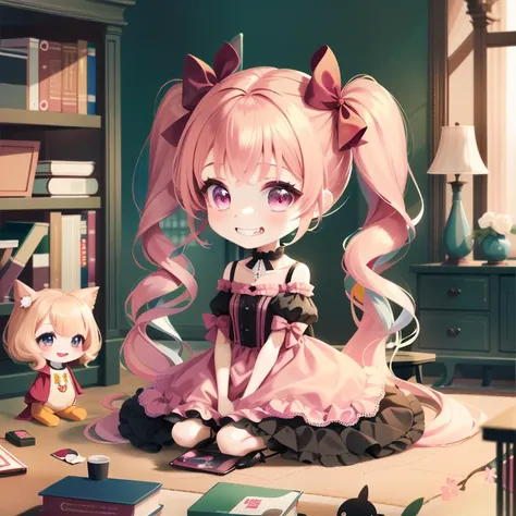 CoCoPPa, chibi, (masterpiece:1.2), (far shot:1.4), straight-on, (wide angle lens:1.2), lots of stuffed animals, sitting in a room, otaku_room, collectibles, (clutter:1.2), _poster, BREAK
chibi version of anime girl, cb_version, 1girl, (pink_eyes), grin, (detailed eyes:1.2), pink_dress, spaghetti_strap, fang, (pink_hair), bangs, long_hair, twintails, pink_ribbon, black_bow, pink_collar, hair_ornament, looking_at_viewer, collarbone, jewelry, <lora:cocoppaPlayStarGirl_cocoppaV10:0.7>