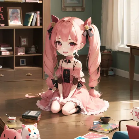 CoCoPPa, chibi, (masterpiece:1.2), (far shot:1.4), straight-on, (wide angle lens:1.2), lots of stuffed animals, sitting in a room, otaku_room, collectibles, (clutter:1.2), _poster, BREAK
chibi version of anime girl, cb_version, 1girl, (pink_eyes), grin, (detailed eyes:1.2), pink_dress, spaghetti_strap, fang, (pink_hair), bangs, long_hair, twintails, pink_ribbon, black_bow, pink_collar, hair_ornament, looking_at_viewer, collarbone, jewelry, <lora:cocoppaPlayStarGirl_cocoppaV10:0.7>