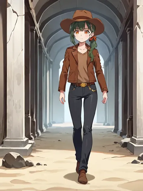 score_9, score_8_up, score_7_up, source_anime, 2D, anime_screencap, <lora:lostruinsheroinepony:1>,
1girl, solo, heroineloru, green hair, side ponytail, orange eyes, cowboy hat, leather jacket, brown shirt, leather pants, indoors, tomb, sand, spider web, abandoned place, walking, :o