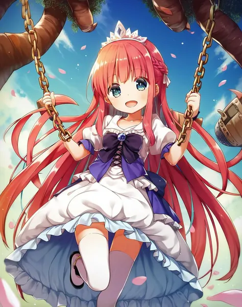 score_9, score_8_up, score_7_up,score_6_up,score_5_up,score_4_up, rating_safe, source_anime BREAK  a girl  on a swing, princess, very long hair, frilled dress,  tiara
 <lora:yukinominato_style_xl_pony_v1:.8> by yukino minato