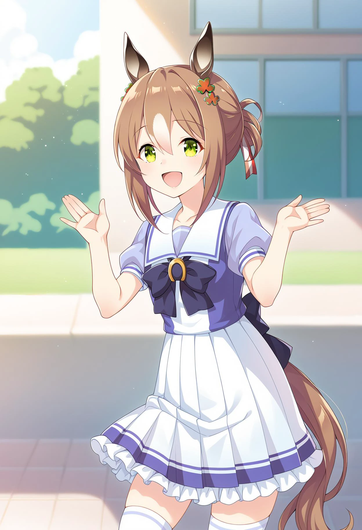 score_9,score_8_up,score_7_up,score_6_up,score_5_up,score_4_up, source_anime, anime artwork, anime_coloring, expressive, award winning, 8k, absurdres BREAK
1girl, solo, cowboy shot, fine motion \(umamusume\), clover hair ornament, happy, open mouth, photo background, outdoors,
BREAK tracen school uniform, summer uniform, serafuku, puffy short sleeves, purple bowtie, horseshoe ornament, sailor collar, sailor shirt, purple shirt, white skirt, pleated skirt, frilled skirt, miniskirt, zettai ryouiki, white thighhighs <lora:UmaDiffusionXL_pony:1> <lora:yukinominato_style_xl_v2:0:0.6>