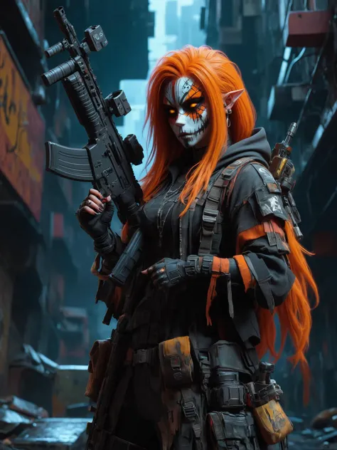 cinematic shot, dramatic lighting, woman, mad-hllwnrs, hood-up, long orange hair, dynamic pose, (holding rifle:1.3), dimly lit, futuristic urban alleyway, garbage, filith, neon lights, graffiti-covered walls <lora:Neon_Cyberpunk_SDXL_Ancients:0.6>, (masterpiece:1.2), best quality, (hyperdetailed, highest detailed:1.2), high resolution textures