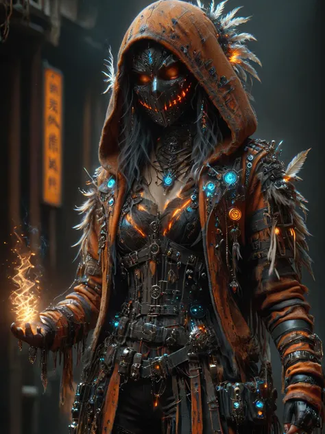 cinematic shot, dramatic lighting, woman, mad-hllwnrs, cybershaman, hoodie, mask, orange leather jacket, feather, talisman, magic items, glowing ornaments, holding machine pistol, casting hkmagic fire spell, dark cyberpunk alley, smoke, neon signs, garrbage <lora:Cyberpunk_Techno-Mages_SDXL:0.8> <lora:Neon_Cyberpunk_SDXL_Halloweeners:0.8> <lora:Fantasy_Wizard__Witches_SDXL:0.8>, masterpiece, best quality, ultra high res, (photorealistic, realistic:1.2), deep shadow, raw photo, film grain, Fujifilm XT3, 8k uhd, dslr