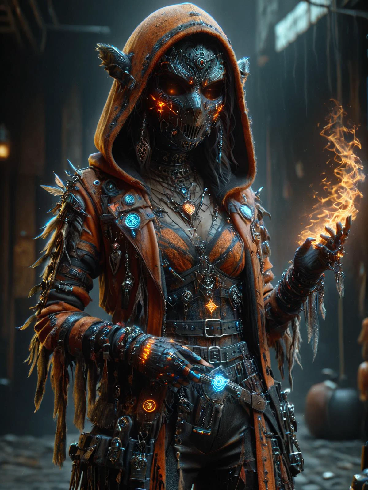 cinematic shot, dramatic lighting, woman, mad-hllwnrs, cybershaman, hoodie, mask, orange leather jacket, feather, talisman, magic items, glowing ornaments, holding machine pistol, casting hkmagic fire spell, dark cyberpunk alley, smoke, neon signs, garrbage <lora:Cyberpunk_Techno-Mages_SDXL:0.8> <lora:Neon_Cyberpunk_SDXL_Halloweeners:0.8> <lora:Fantasy_Wizard__Witches_SDXL:0.8>, masterpiece, best quality, ultra high res, (photorealistic, realistic:1.2), deep shadow, raw photo, film grain, Fujifilm XT3, 8k uhd, dslr