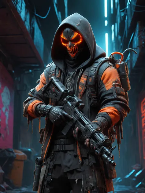 cinematic shot, dramatic lighting, man, mad-hllwnrs, hoodie, dynamic pose, (holding flamethrower:1.3), dimly lit, futuristic urban alleyway, garbage, filith, neon lights, graffiti-covered walls <lora:Neon_Cyberpunk_SDXL_Halloweener:0.8>, (masterpiece:1.2), best quality, (hyperdetailed, highest detailed:1.2), high resolution textures