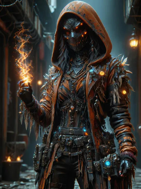 cinematic shot, dramatic lighting, woman, mad-hllwnrs, cybershaman, hoodie, mask, orange leather jacket, feather, talisman, magic items, glowing ornaments, holding machine pistol, casting hkmagic fire spell, dark cyberpunk alley, smoke, neon signs, garrbage <lora:Cyberpunk_Techno-Mages_SDXL:0.8> <lora:Neon_Cyberpunk_SDXL_Halloweeners:0.8> <lora:Fantasy_Wizard__Witches_SDXL:0.8>, masterpiece, best quality, ultra high res, (photorealistic, realistic:1.2), deep shadow, raw photo, film grain, Fujifilm XT3, 8k uhd, dslr