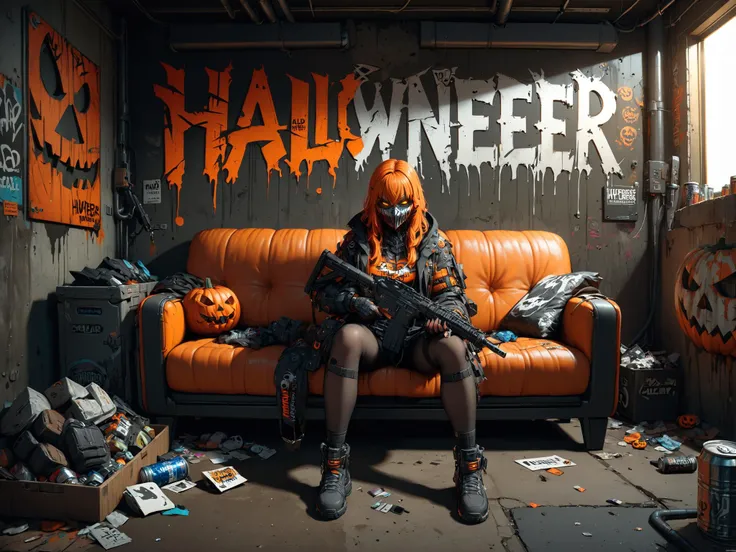 cinematic shot, dramatic lighting, mad-hllwnrs, 3women sitting on coach in dirty room with concrete walls, text on the wall that says "Halloweener", club, rifle, long orange hair, dynamic pose , beer cans on the ground dimly lit, masks, garbage, filith, neon lights, graffiti-covered walls <lora:Neon_Cyberpunk_SDXL_Halloweener:0.8>, , (masterpiece:1.2), best quality, (hyperdetailed, highest detailed:1.2), high resolution textures, (masterpiece:1.2), best quality, (hyperdetailed, highest detailed:1.2), high resolution textures