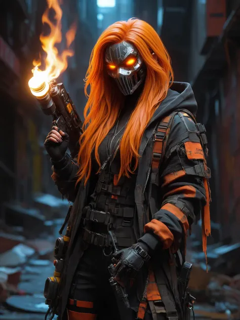 cinematic shot, dramatic lighting, woman, mad-hllwnrs, hoodie, long orange hair, dynamic pose, (holding flamethrower:1.3), dimly lit, futuristic urban alleyway, garbage, filith, neon lights, graffiti-covered walls <lora:Neon_Cyberpunk_SDXL_Halloweener:0.8>, (masterpiece:1.2), best quality, (hyperdetailed, highest detailed:1.2), high resolution textures