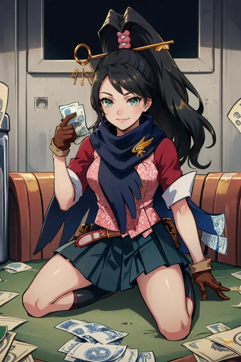 <lora:aai_kayfaraday-10:1> kay faraday, ponytail, hair ornament, black hair, green eyes, shirt, gloves, pleated skirt, belt, scarf
masterpiece, best quality, absurdres, bank vault, surrounded by cash, piles of cash, smile, gold bars