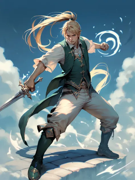 1boy, blonde hair, blue theme, boots, cloud, green vest, holding sword, jewelry, konohagakure symbol, long hair, looking at viewer, magic, male focus, pants, ponytail, punching, sharingan, standing, solo, <lora:L2:0.8>, score_9, score_8_up, score_7_up