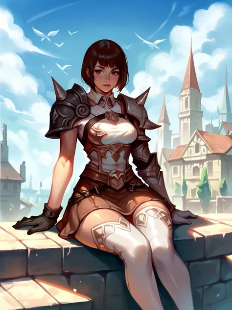 adult woman, warrior, brown hair, bob cut, brown eyes, medium breasts, white shirt, brown skirt, white thighhighs, gloves, single shoulder pad, sitting, village, day, sky, clouds, solo, <lora:L2:0.8>, score_9, score_8_up, score_7_up