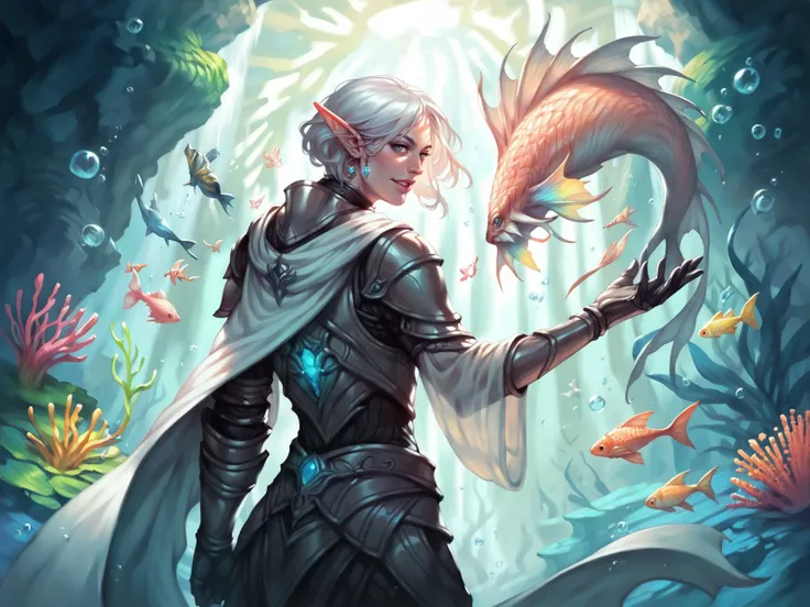 an ethereal elf with cascading silver hair and piercing blue eyes stands amidst a vibrant coral reef, sunlight filters through the crystal-clear water, illuminating schools of colorful fish darting around her, her slender figure is adorned with intricate leather armor that emphasizes her ample curves, while a flowing white cloak billows in the gentle current, delicate coral jewelry adorns her ears and wrists, and a mischievous grin plays on her lips as she clutches a glowing pearl in her hand, <lora:L2:0.8>, score_9, score_8_up, score_7_up