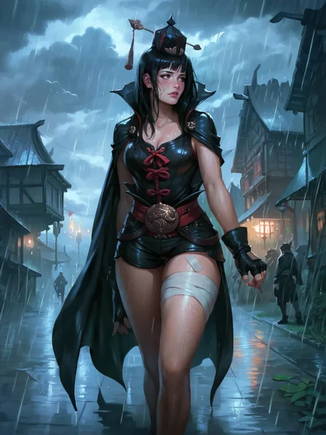 adult woman, blush, black hair, glossy lips, kabuto hat, chest sarashi, black cape, fingerless gloves, black shorts, bandages on thighs, belts, walking, looking to the side, rain, village, clouds, thighs, wide shot,<lora:L2:0.8>, score_9, score_8_up, score_7_up