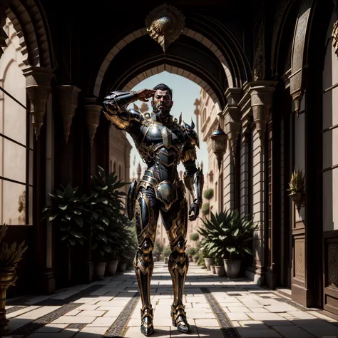 Saluting in the grand courtyard of a Moroccan castle, (1man:1.11), (large muscular) Arabic male, ((dark skin)), (short black hair and a black beard), (wearing middle eastern bronze armor:1.11), (wearing a stately black uniform with gold trim accents and metallic gauntlets), high detail mecha prosthetics, (mounted spears on back),<lora:add_details:0.7>, angry expression, one arm behind his back, <lora:CyborgForge:0.65>