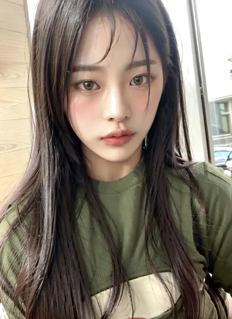 njminji, ((a beauty girl on erotic shirt)), crop top, mini skirt, ((detailed face)), (pored skin), sweat, (photo realistic), shot on 35mm lens, fujifilm tone, ((blurry background)), (natural light), green background, 
<lora:njminji-v1:1>