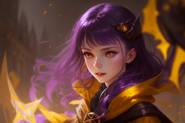 Portrait of a small vampire woman wearing a yellow cloak, detailed face, fantasy, highly detailed, cinematic lighting, digital art painting by greg rutkowski, purple eyes, purple hair, big magic pentagram on background