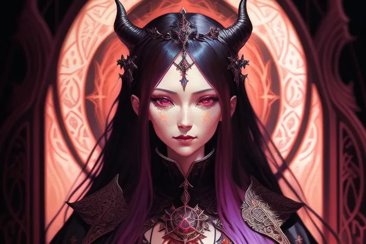 portrait of Satanic priestess Concept art portrait by Casey Weldon, Olga Kvasha, Miho Hirano, hyperdetailed intricately detailed gothic art trending on Artstation triadic colors Unreal Engine 5 detailed matte painting, deep color, fantastical, intricate detail, splash screen, complementary colors, fantasy concept art, 8k resolution, gothic deviantart masterpiece