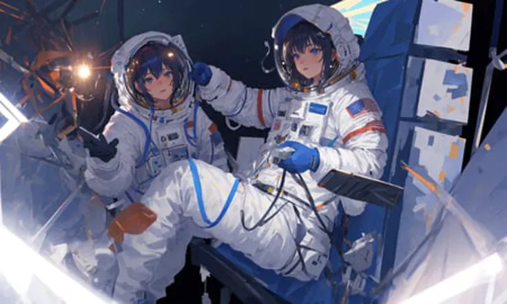 2 girls, <lora:clothesSpacesuit_v10:0.7> SPACESUIT, masterpiece, high quality, high resolution, large filesize, full color, moon, detailed photorealistic background of space, space vehicle, detailed lighting, depth of field, dynamic angle, close up