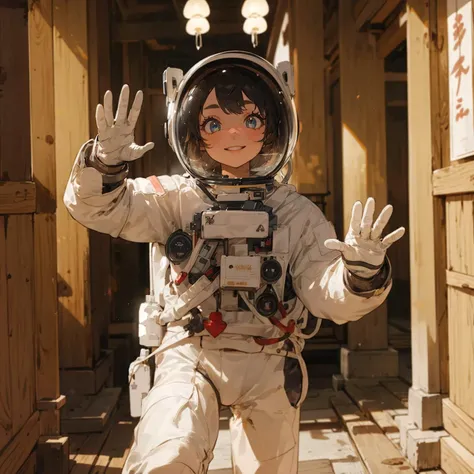 masterpiece, best quality, incredibly detailed eyes, incredibly detailed face, sparkling eyes, long eyelashes,
girl in a space suit waving at the camera with his hand up in the air and a hand in the air
1girl, smiling, happy, surprised, raised eyebrows
spacesuit, space helmet, gloves,
indoors, shrine, japanese shrine, temple, japanese temple,
wood, column, window
<lora:spacesuit3:1>
