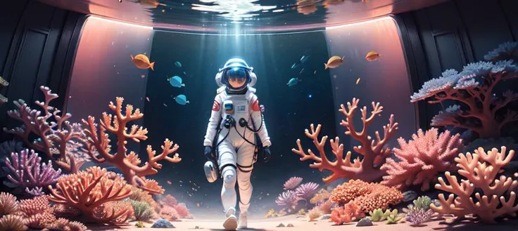 masterpiece, best quality, wide shot, (coral reef:1.3), 1girl, walking, full body, sci-fi, (space suit, glass helmet:1.2), coral, fish, school of fish, colorful fish, clear surface, (galaxy sky:1.2), volumatic light, ray tracing, extremely detailed CG unity 8k wallpaper, lux, stars, stars floating in the foreground, (colorful),(delicate eyes and face), fisheye_lens