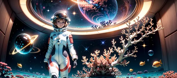 masterpiece, best quality, hd 8k unity wallpaper, wide shot, (coral reef:1.3), 1girl, smile, detailed face, beautiful anime eyes, walking, full body, sci-fi, (space suit, glass helmet:1.2), coral, fish, school of fish, colorful fish, clear surface, (galaxy sky:1.2), volumatic light, ray tracing, extremely detailed CG unity 8k wallpaper, lux, stars, stars floating in the foreground, (colorful),(delicate eyes and face)