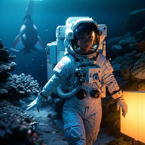 <lora:spacesuit3:1> <lora:thalassophobia:1> masterpiece, best quality, extremely detailed CG unity 8k wallpaper, 1girl, (astronaut:1.1), coral reef, fish, school of fish, shark, water surface, clear visor, (astronought walking through a coral reef:1.1)