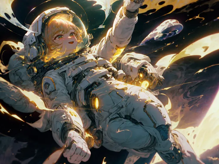 best quality,<lora:add_detail:0.3>, <lora:detailed_eyes:1>, <lora:concept_goodHands:1>, (1girl, solo, adult female, mature female), strawberry blonde hair, 
<lora:style_blessedTech_(blessedtech):1>, blessedtech, <lora:concept_costume_spacesuit_v10:1>, spacesuit, aura, blessed space background, blessed tech nebula background, floating, full body, low gravity, smile, open mouth, (awe, surprise),
