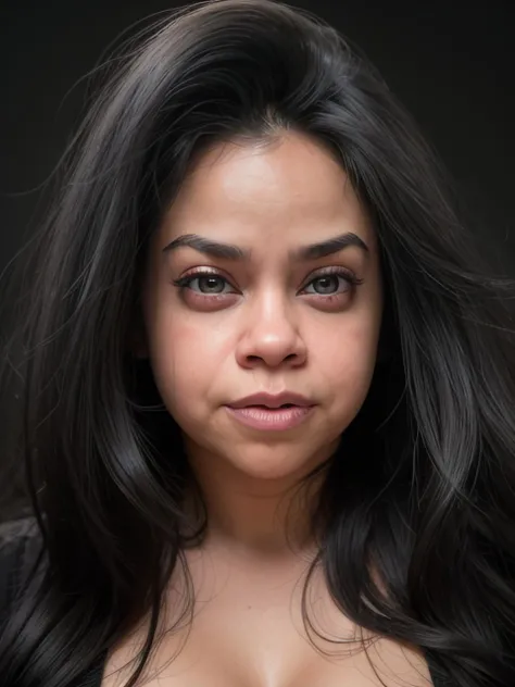 portrait photo a 35 years old chubby woman in a black t-shirt ,<lora:Sumona2023F:1>Lora-Sumona Female, cleavage, long hair, black hair, light smile, skin fang, looking at viewer, (solid dark grey background:1.3), eye level shoot, depth of field, film grain, style by Flora Borsi