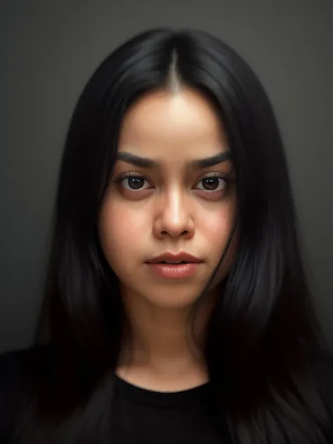 portrait photo a 35 years old woman in a black t-shirt ,<lora:sumanCh:1>suman4u woman, long hair, black hair, closed mouth, skin fang, looking at viewer, (solid dark grey background:1.3), eye level shoot, depth of field, film grain, style by Flora Borsi