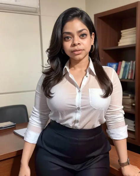Photo of a fearless mature female officer, <lora:Sumona2023F:1> Sumona Female, wearing a sturdy white shirt, glam, attractive, holding books, large breasts, huge breasts, big belly, huge ass, standing confidently in office, mute color
