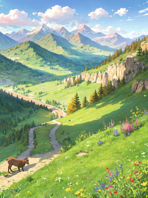 (masterpiece, best quality:1.1), no humans, effulgent, outdoors, hill, slope, grass, horizon, serene, mountain range, valley, trees, fence, boulders, panoramic view, grazing animals, wildflowers, winding road, distant peaks