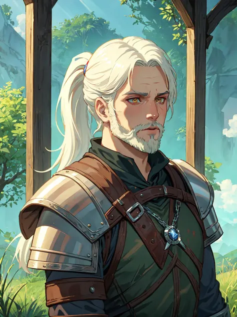 (masterpiece, best quality:1.1), 1boy, male focus, solo, awe-striking, (geralt of rivia:1.05), from the witcher, white and yellow, white hair, long hair, ponytail, yellow eyes, scar on face, beard, chainmail armor