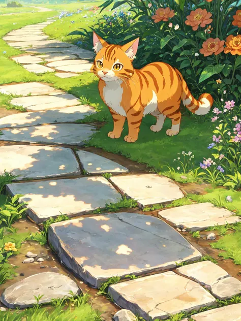 (masterpiece, best quality:1.2), animal, animal focus, (cat:1.1), no humans, orange fur, striped fur, two-tone fur, tail, cat ears, outdoors, stone path, grass, plant, flower