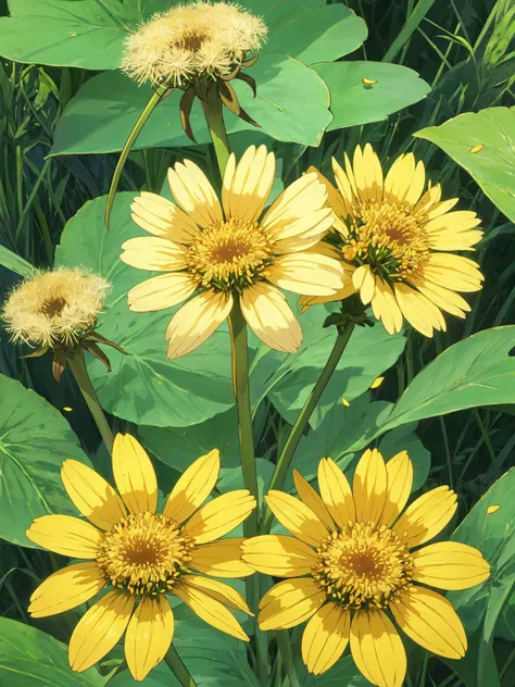 (masterpiece, best quality:1.2), no humans, textured, a dandelion with yellow petals, seeds, stem, small, weed, nature, blowing, growth