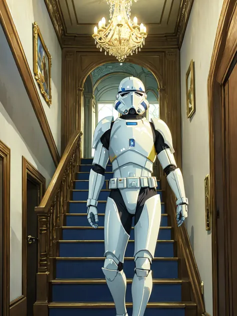 (masterpiece, best quality:1.15), no humans, graphic, indoors, staircase, banister, steps, chandelier, railing, spiraling, wrought iron, carpeted, grand entrance, ornate, 1boy, male focus, solo, vector, (captain rex:1.05), white and blue, clone trooper, bald, body armor, white armor, blue eyes, scar above left eyebrow