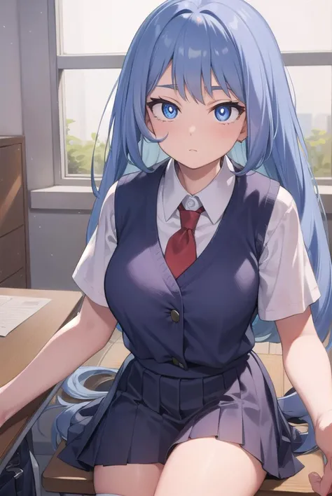 1 girl, alone, nanami minami, long hair, dark turquoise hair, ponytail, dark turquoise eyes, medium breasts, medium waist, wide hips, medium thighs, white shirt, short sleeves, red tie, cleavage, brown skirt, short skirt , black stockings, brown shoes, perfect anatomy, perfect hands, classroom, sitting at a desk, legs open, embarrassed, pov (from above)