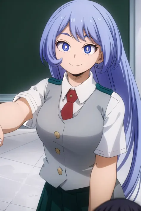 nejirehadou, <lyco:nejire hado s3-lyco-nochekaiser:1>,
nejire hado, long hair, blue eyes, blue hair, (bright pupils:1.5), smile,
BREAK skirt, shirt, school uniform, short sleeves, pleated skirt, necktie, collared shirt, vest, red necktie, u.a. school uniform,
BREAK indoors, classroom,
BREAK looking at viewer,
BREAK <lyco:GoodHands-beta2:1>, (masterpiece:1.2), best quality, high resolution, unity 8k wallpaper, (illustration:0.8), (beautiful detailed eyes:1.6), extremely detailed face, perfect lighting, extremely detailed CG, (perfect hands, perfect anatomy),