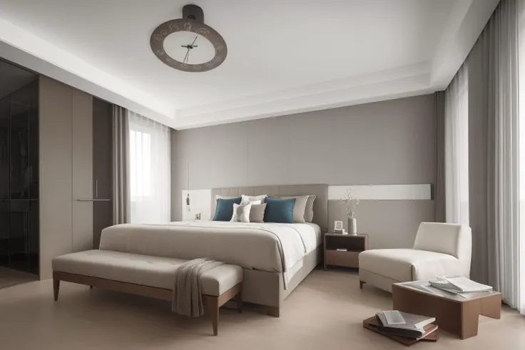 Indoor Grey, no humans, scenery, carpet, indoors, curtains, window, couch, table, bed, wooden floor, clock, rug, pillow, plant, door, chair, book, bedroom, lamp, air conditioner, day, cabinet <lora:Indoor_Grey-000010:0.75>