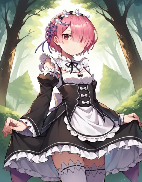 score_9, score_8_up, score_7_up, source_anime,
rezeroram, <lora:rezero-ram-ponyxl-lora-nochekaiser:1>,
ram, hair flower, hair ornament, hair over one eye, pink hair, red eyes, short hair, x hair ornament,
apron, black bow, black dress, black ribbon, bow, detached sleeves, dress, frilled apron, frilled sleeves, frills, juliet sleeves, long sleeves, maid, neck ribbon, puffy sleeves, ribbon, roswaal mansion maid uniform, thighhighs, two-tone dress, waist apron, white bow, white dress, white thighhighs,
outdoors, forest, nature, village
looking at viewer, dutch angle, cowboy shot,