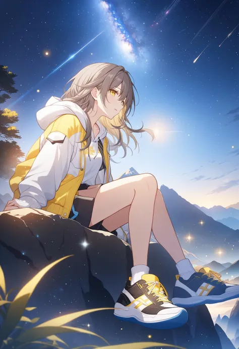 cinematic photo (masterpiece), (best quality), (ultra-detailed), stelle, honkai: star rail, official art, 1girl, solo, gouache, starry sky, mountain, long hair, hoodie, shorts, sneakers, yellow eyes, tsurime, sitting on a rock, stargazing, milky way, shooting star, tranquil night., illustration, disheveled hair, detailed eyes, perfect composition, moist skin, intricate details, earrings . 35mm photograph, film, bokeh, professional, 4k, highly detailed