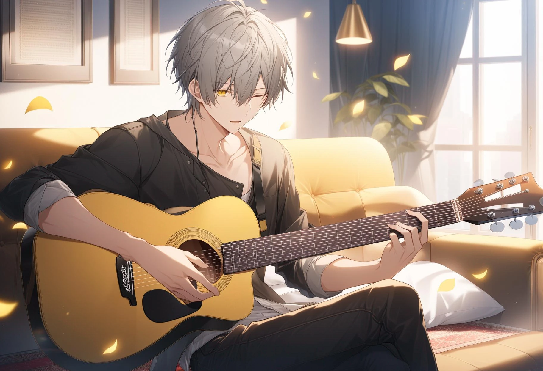 cinematic photo (masterpiece), (best quality), (ultra-detailed), caelus, honkai: star rail, 1boy, solo, playing guitar, living room, grey hair, short hair, yellow eyes, downturned eyes, passionate expression, casual clothes, acoustic guitar, sheet music stand, carpet, couch, window, sitting pose, strumming guitar, eyes closed., illustration, disheveled hair, detailed eyes, perfect composition, moist skin, intricate details, earrings . 35mm photograph, film, bokeh, professional, 4k, highly detailed