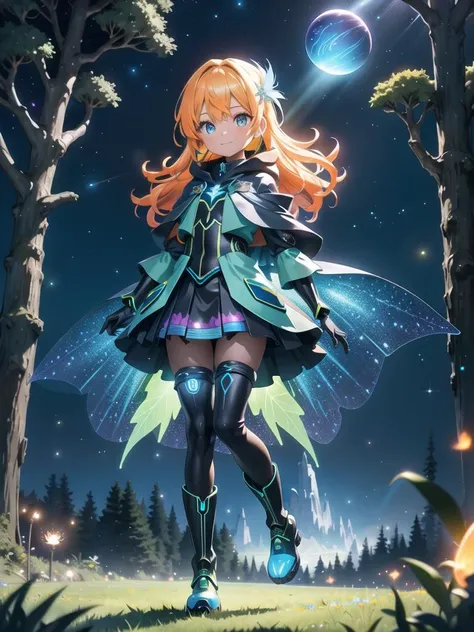 Magical enhance fairy landscape, blue and yellow glowing trees, green glowing grass, night, glowing fireflies in the air
riding a hoverboard, metallic orange hair, blue glowing eyes, obsidian feathered cloak, metallic orange lace bodysuit, obsidian black lace skirt, black army boots
Stars in the background, multiple planets in the background, lake in the background